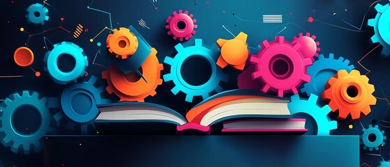Obraz premium Stylish illustration of knowledge represented by interconnected gears and books, vibrant colors, modern and engaging design