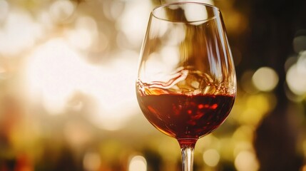 A close-up of a glass of French red wine swirling in the sunlight during a wine tasting.