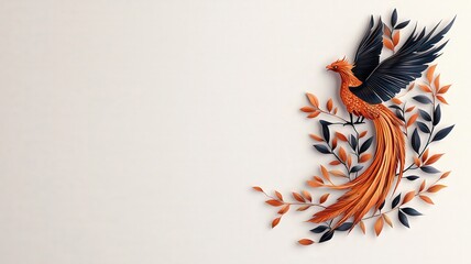 Fototapeta premium Artistic representation of a phoenix with vibrant colors, symbolizing rebirth and beauty, against a minimalist background.