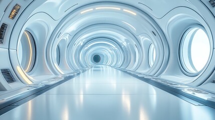 Obraz premium Futuristic corridor with smooth white walls and circular windows.