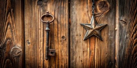 Vintage skeleton key and star hanging on rustic wooden door with rustic charm