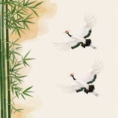 Elegant illustration of two cranes flying amidst bamboo, showcasing tranquility and grace in nature's beauty.