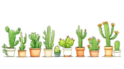 A vibrant collection of diverse cacti in pots, showcasing various shapes and sizes, perfect for adding a touch of nature indoors.
