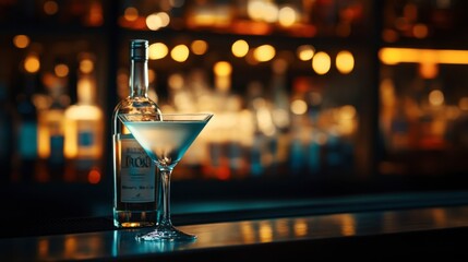 A close-up of a premium vodka bottle and martini glass, set on a stylish bar counter with ambient lighting.