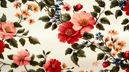 A vibrant floral pattern featuring red and pink flowers against a light background, perfect for various creative projects.