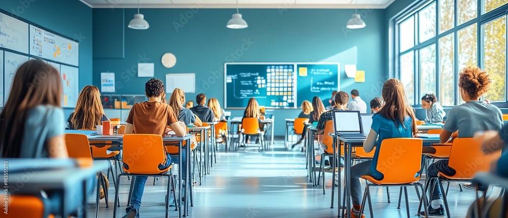 Poster Bright and dynamic depiction of students in a lively classroom, engaging with interactive learning tools, modern and clean design