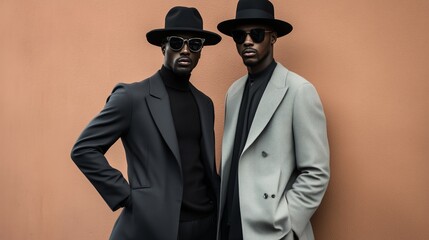 Two stylish men wearing hats and sunglasses pose confidently against a warm-toned wall in an urban setting