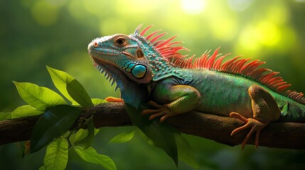 Obraz premium A vibrant lizard rests on a branch amidst lush green foliage, showcasing its striking colors and unique features in the warm sunlight.