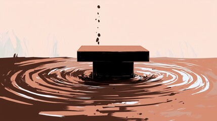 Abstract artwork depicting a geometric shape creating ripples in liquid, conveying motion and depth in a minimalist style.