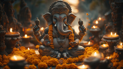 Ganesh and Lamps: Lord Ganesh in the center, surrounded by lit diyas and marigold garlands, with a soft, warm glow illuminating the scene, Ganesh