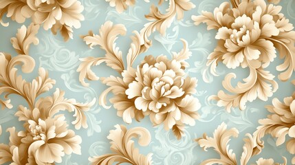 Elegant floral pattern with beige and cream hues on a soft blue background, perfect for vintage design projects.