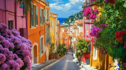 Fototapeta premium A colorful street scene in Nice, with pastel-colored buildings and flowers in bloom.