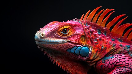 Obraz premium Vibrant close-up of a colorful lizard showcasing intricate details and vivid patterns against a dark background.