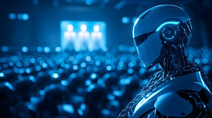 A robot, restrained by chains representing various countries' legal systems, in front of a holographic jury, all within a high-tech tribunal, Sci-fi, Blue hues, Photorealistic