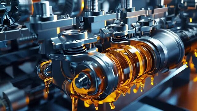 Close up of engine lubrication system showcasing oil flow and mechanical parts, conveying power, precision, and maintenance importance