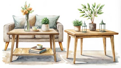 Elegant watercolor s of small living room tables with and without decor