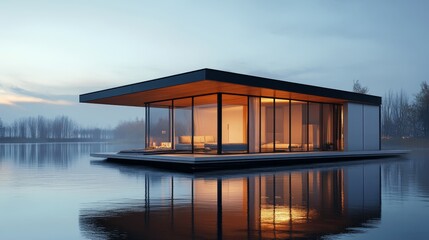 A floating cube home with glass walls and a flat rooftop terrace, surrounded by water