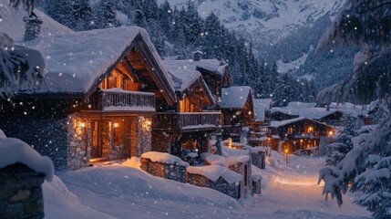 Fototapeta premium A cozy chalet in the French Alps, with snow-covered rooftops and a crackling fire inside.