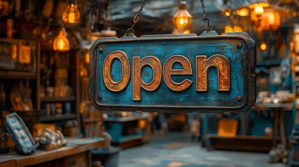 A close-up of a vintage “Open” sign in warm golden lighting, hanging in front of a cozy, rustic shop.