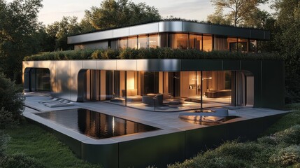 Fototapeta premium A futuristic cube home with metallic silver panels and LED lighting outlining the edges