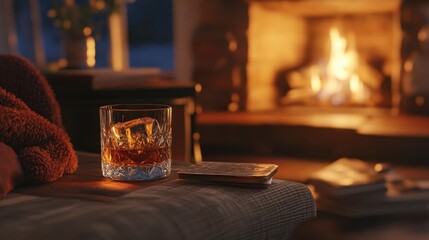 A cozy fireplace setting with a glass of bourbon, evoking warmth and relaxation on a chilly evening.