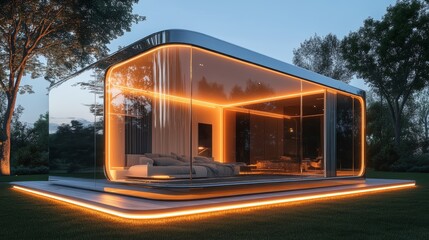 Obraz premium A futuristic cube home with mirrored surfaces and integrated LED strips along the edges