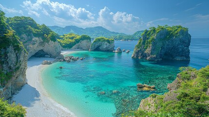 Stunning Coastal Landscape with Crystal Clear Water and Lush Green Islands