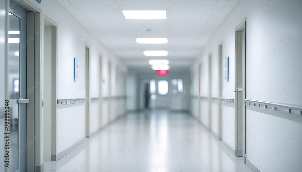Poster Blurred background of a hospital corridor with empty space, light and airy atmosphere, white colors, low depth of field creating blurred imagery and blurred focus.	