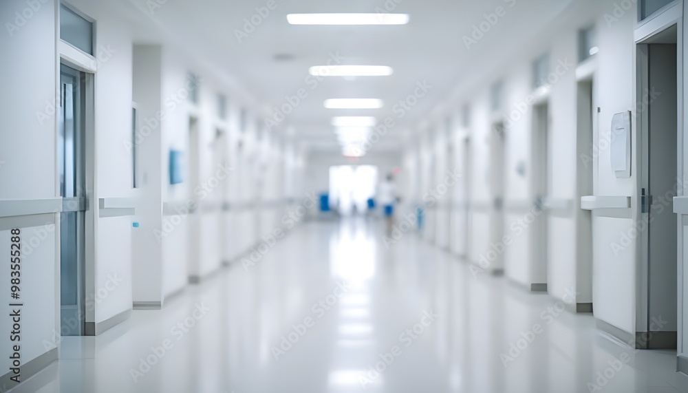 Poster Blurred background of a hospital corridor with empty space, light and airy atmosphere, white colors, low depth of field creating blurred imagery and blurred focus.	