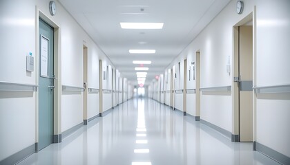 Blurred background of a hospital corridor with empty space, light and airy atmosphere, white colors, low depth of field creating blurred imagery and blurred focus.	