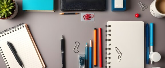 A flat lay of essential office supplies like pens, notebooks, and paper clips, neatly arranged for a clean, organized appearance. 