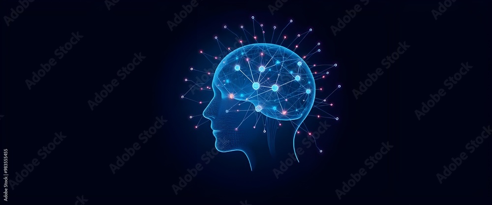 Poster artificial intelligence and clusters of neural networks connecting to a human head on a dark blue ba