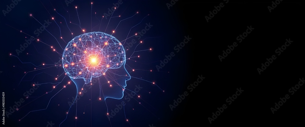 Poster artificial intelligence and clusters of neural networks connecting to a human head on a dark blue ba