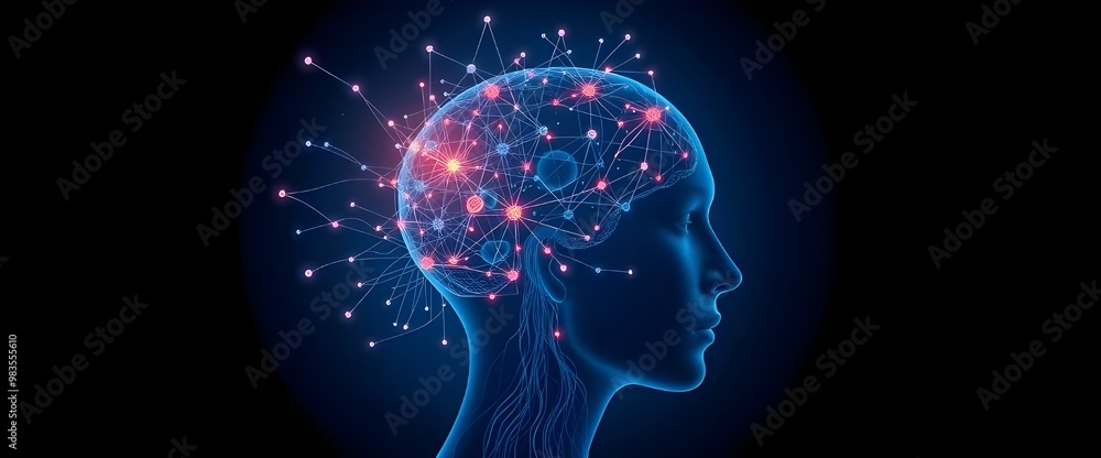 Poster artificial intelligence and clusters of neural networks connecting to a human head on a dark blue ba