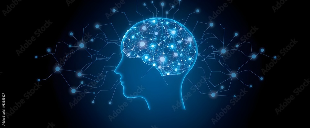 Poster artificial intelligence and clusters of neural networks connecting to a human head on a dark blue ba