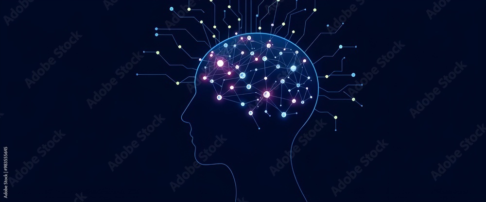 Poster artificial intelligence and clusters of neural networks connecting to a human head on a dark blue ba