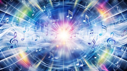 Fototapeta premium Abstract swirling background with musical notes and a bright light in the center.