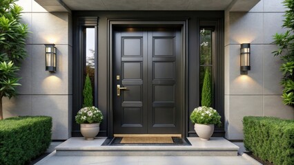 Modern luxurious black entrance door, sleek design for upscale house exterior decor