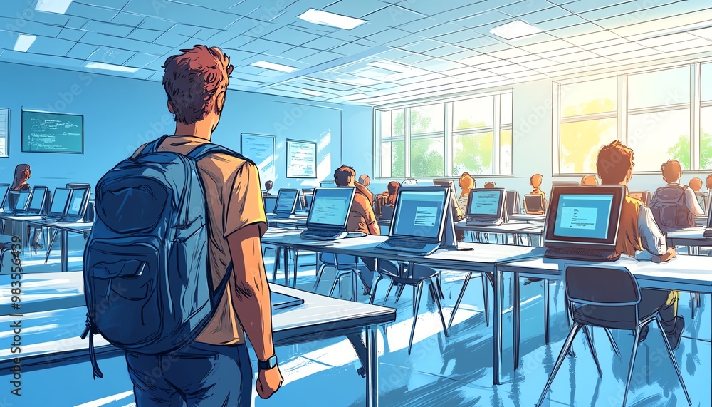 Aufkleber Stylish depiction of a lifelong learning environment with interactive digital platforms, diverse learners, and a clean, contemporary setting