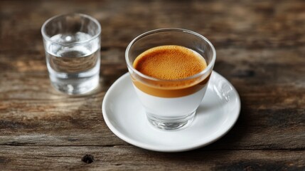 Fototapeta premium A cup of freshly brewed espresso with a small glass of water on the side, ready for a perfect coffee experience.