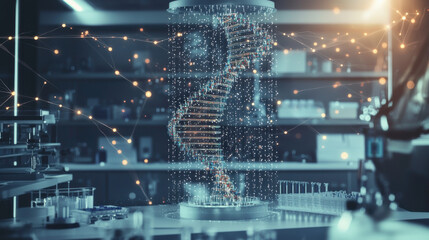 Fototapeta premium A futuristic lab scene featuring a suspended DNA strand intertwined with particles, showcasing advanced scientific research and technology.