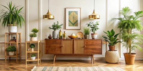 Retro Chic Home Interior with Vintage Cupboard, Gold Accessories, Plants in Stylish Pots