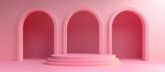 Fototapeta premium Surreal 3D illustration featuring a pink flat landscape background with three arches designed for showcasing or advertising a presentation podium mockup