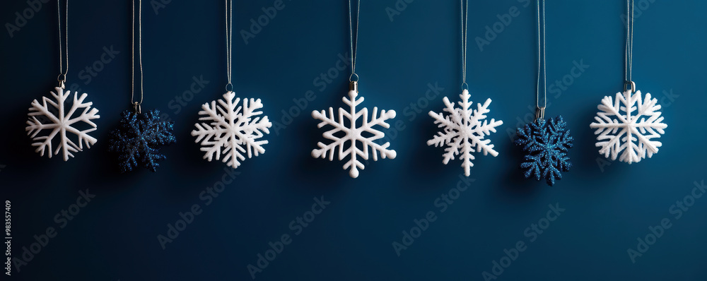 Poster a blue background with a row of snowflakes hanging from the ceiling. the snowflakes are white and bl