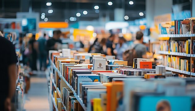 Vibrant scene of a book fair with diverse genres, engaging author talks, and lively crowds, contemporary design, and inviting atmosphere