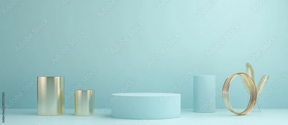 Poster 3d rendering of a minimal empty product display scene in soft pastel baby blue featuring a cylindric