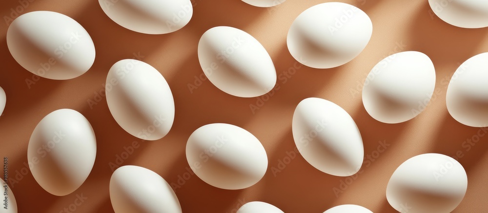 Poster a multitude of white eggs arranged in a diagonal grid on a brown backdrop top down perspective 3d re