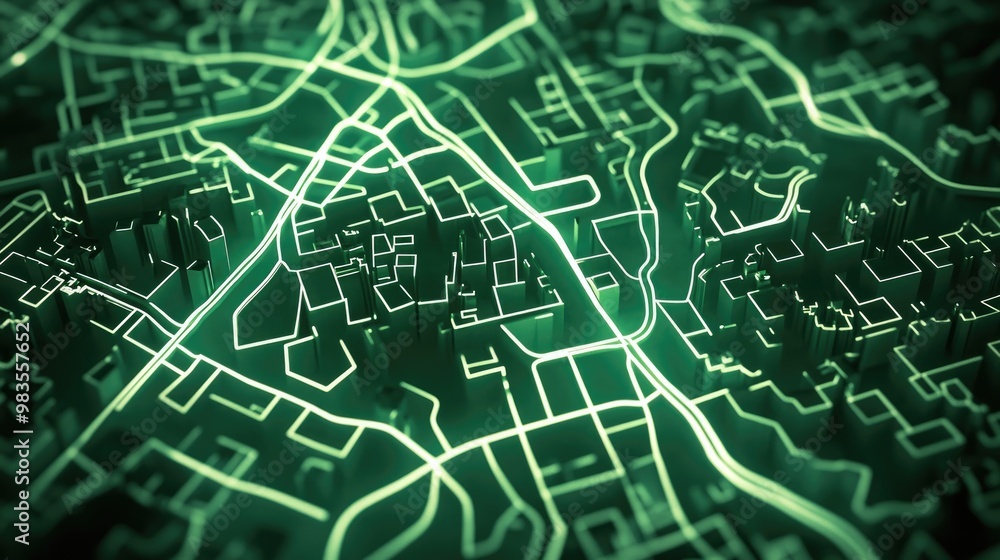 Poster abstract map of city streets represented with white lines on a green background illuminated by two l