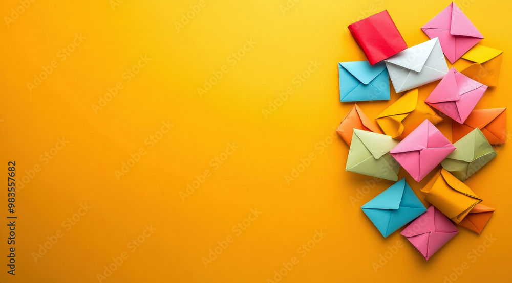 Fototapete a bunch of colorful paper envelopes are on a yellow background. the envelopes are of different sizes