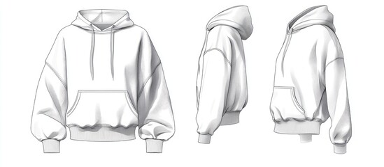 Cropped hoodie sweatshirt fashion illustration featuring batwing sleeves zip up design front and back views in white for women men and unisex CAD mockup set